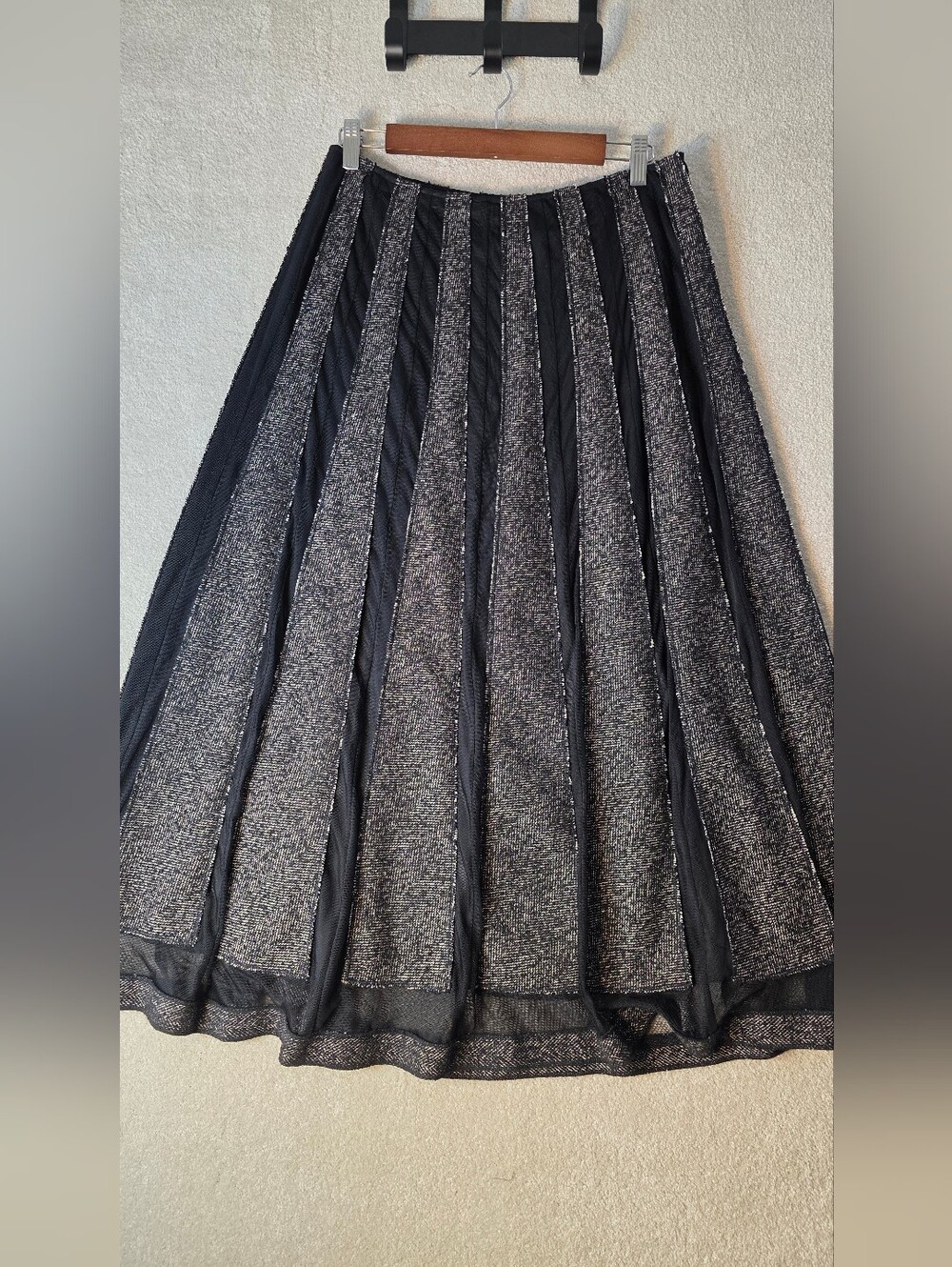 Tribal Wool Black Mesh Dark Acadamia Midi A-Line Tweed‎ Skirt Preppy Size 6